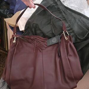 Vince Camuto Women's Burgundy Leather Shoulder Bag with Tassel